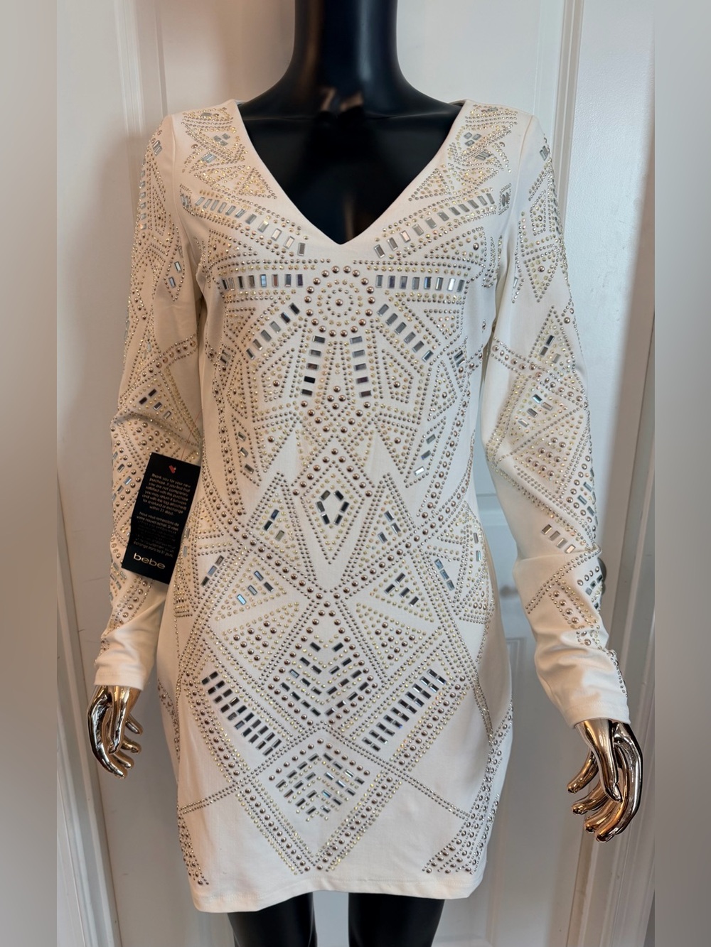 bebe Ivory Long Sleeve Embellished Mini Dress